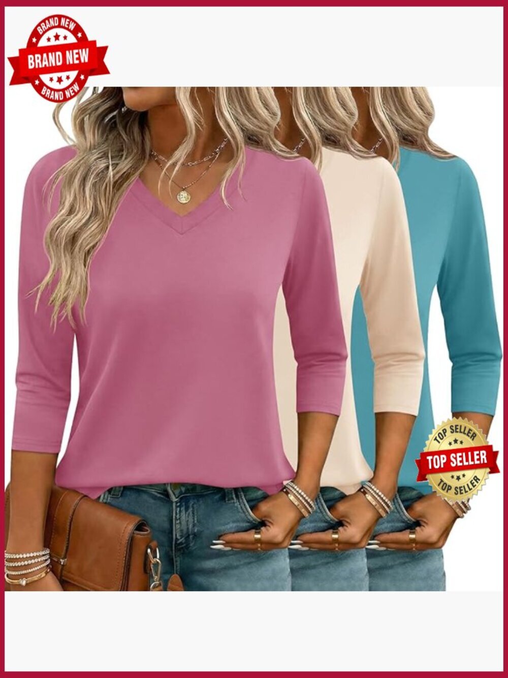 3/4 Sleeve V Neck Tees for Women Business Casual Basic Tops 3 Pack
